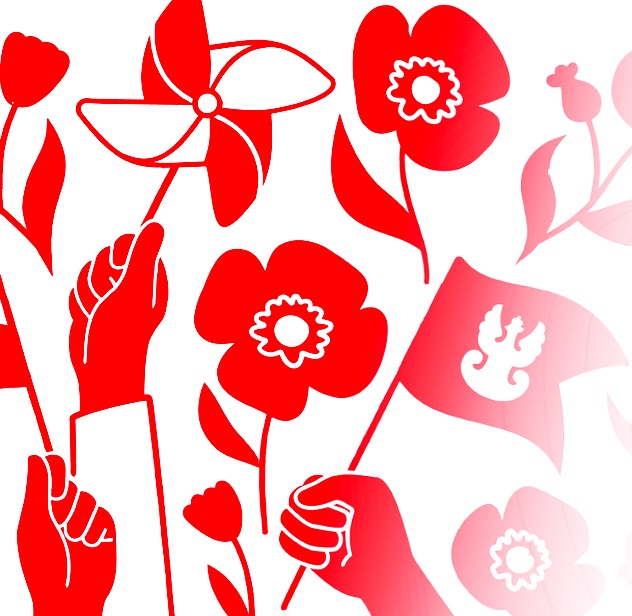 Kwiaty, chorągiewki, wiatraczki w barwach narodowych.