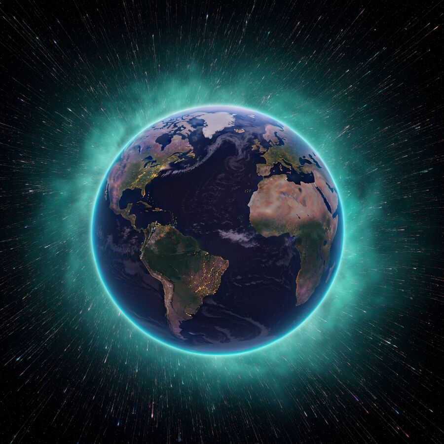 Wizualizacja Ziemi, do której docierają cząsteczki promieniowania kosmicznego.