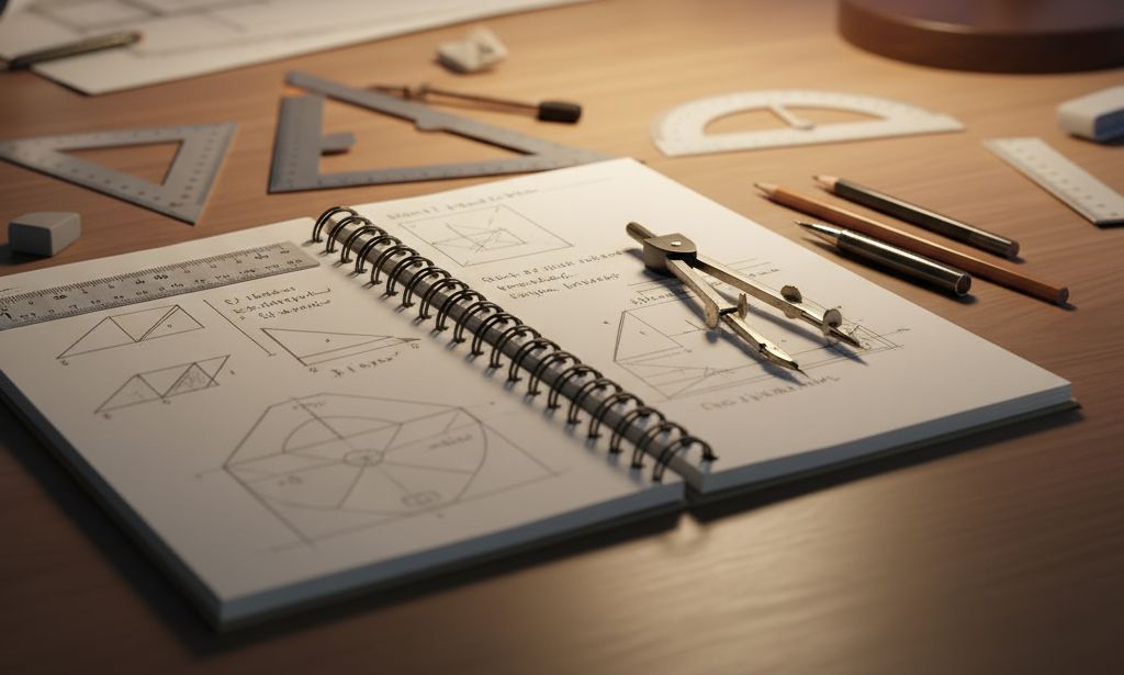 Biurko z zeszytem i przybory geometryczne.