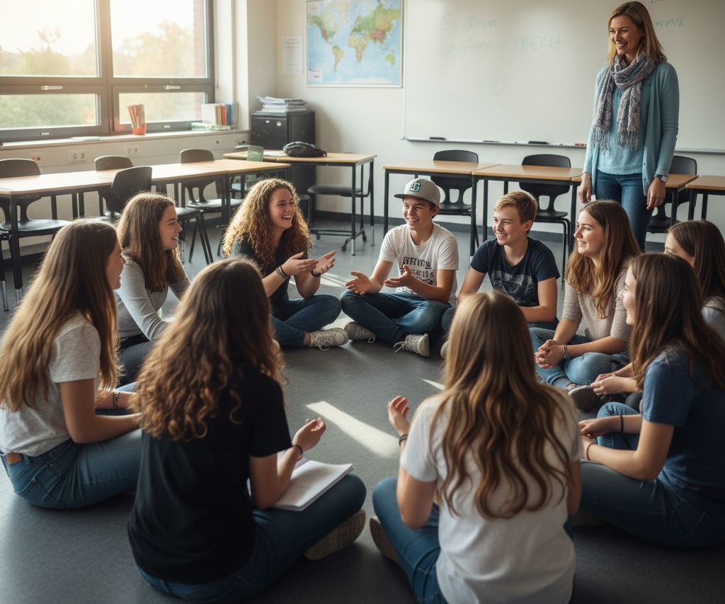 Młodzież siedzi w kręgu w klasie. Obok stoi nauczycielka.