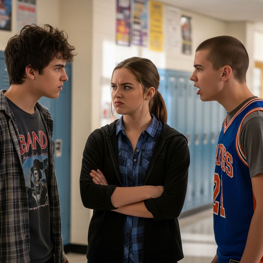 Troje nastolatków z minami wyrażającymi negatywne emocje: złość, pretensje.