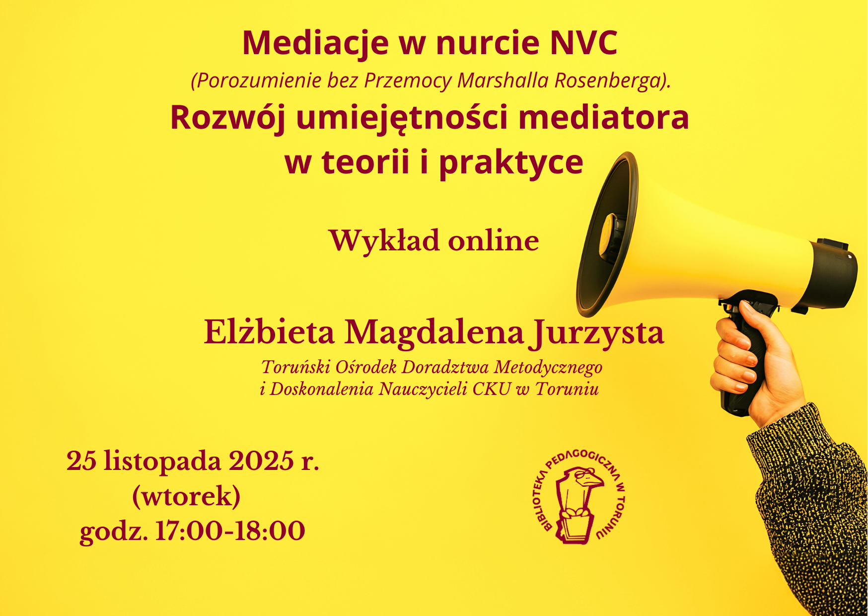 Grafika promująca wydarzenie, na żółtym tle informacje o wykładzie, logo i motyw megafonu.