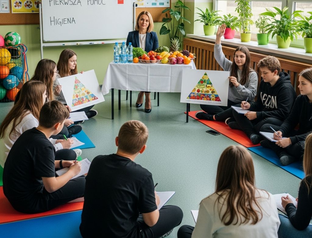 Na stoliku w klasie owoce i woda. Uczennice trzymają plansze w piramidą żywieniową.