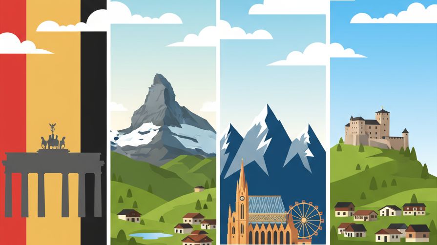 Plakat składający się z 4 pionowych części, przedstawiający kraje niemieckojęzyczne.