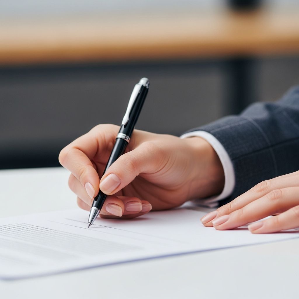 Zbliżenie na dłoń kobiety podpisującej dokument.