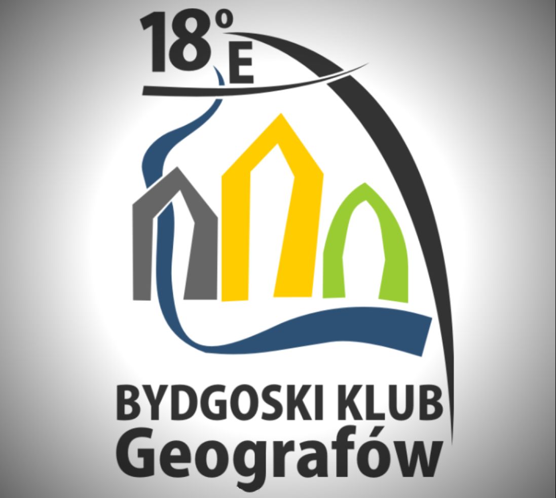 Logo Bydgoskiego Klubu Geografów - stylizowane spichrze, linia rzeki i 18 południk.