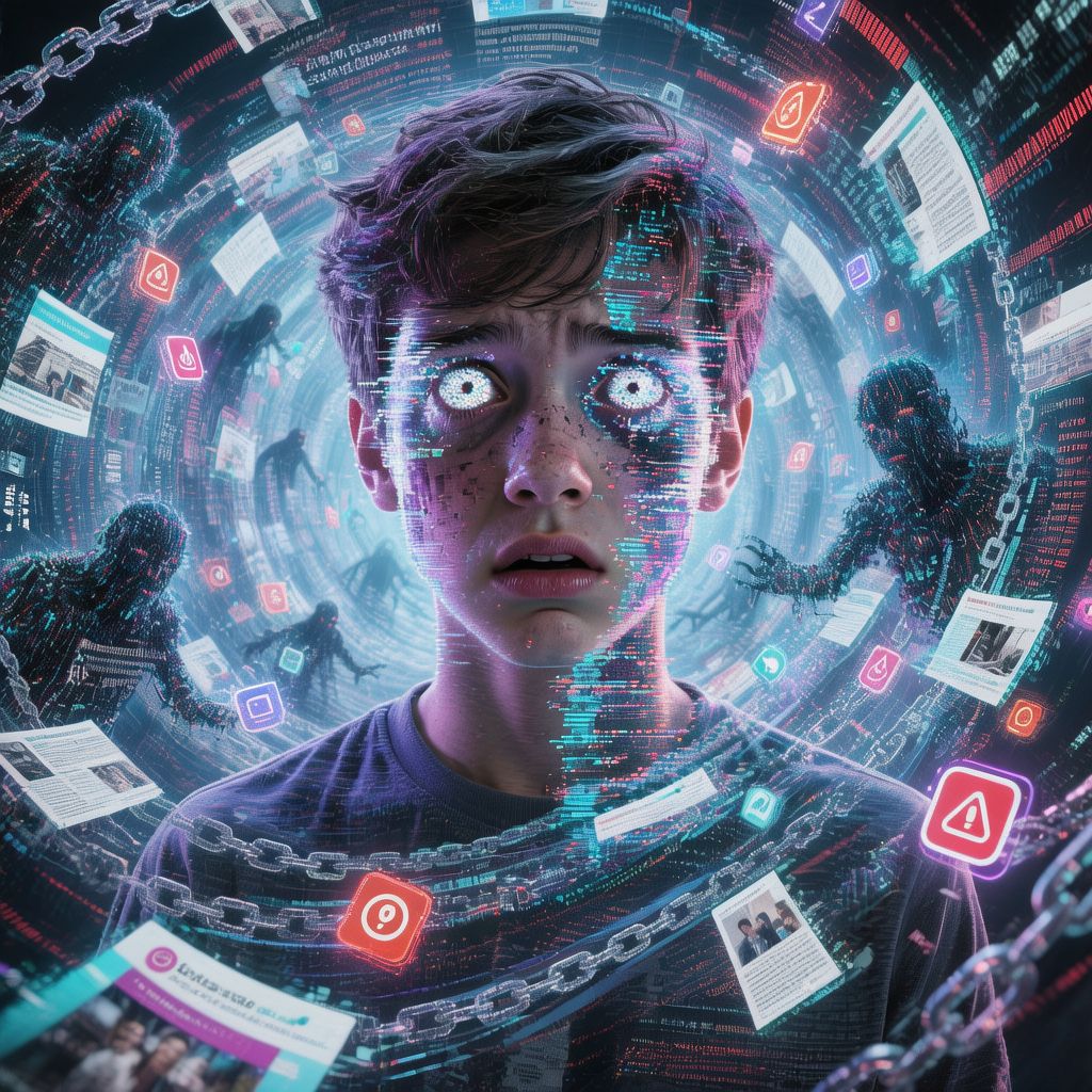 Twarz chłopca wyrażającego skrajne emocje, zanurzonego w świecie nadmiaru informacji i zagrożeń.