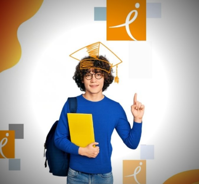 Nastolatek z plecakiem szkolnym i dorysowanym biretem studenckim.