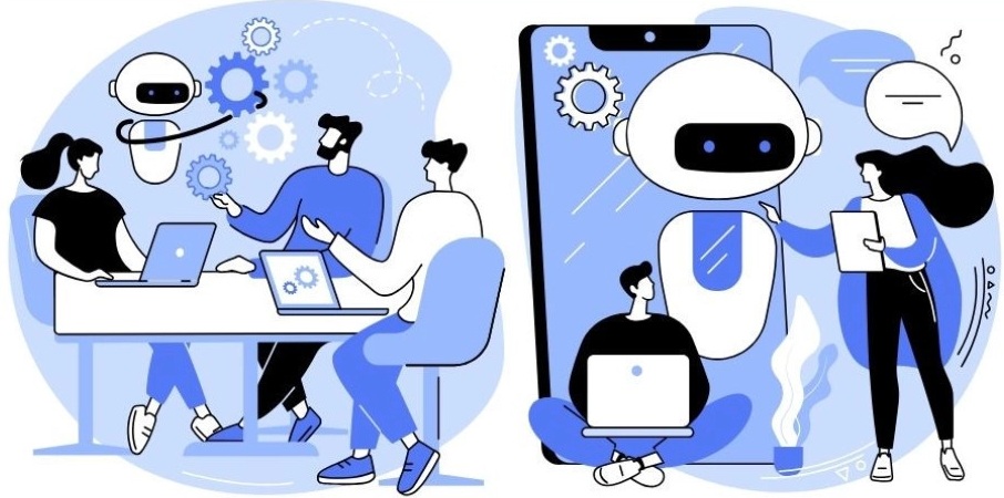 Grafika z motywem robotów i sztucznej inteligencji w otoczeniu ludzi.