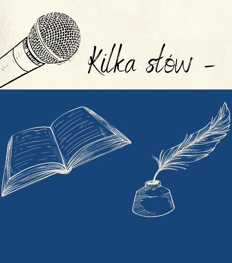 Mikrofon, otwarta książka, kałamarz. Fragment plakatu konkursowego "Kilka słów..."