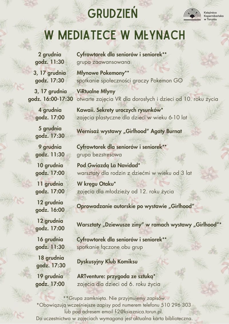 Plakat informujący o grudniowych wydarzeniach w Mediatece w Młynach.