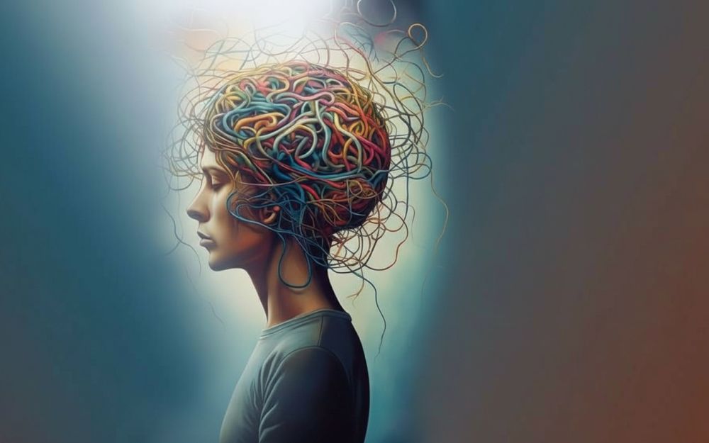 Grafika surrealistyczna przedstawiająca postać, która zamiast włosów ma plątaninę żył i tętnic.