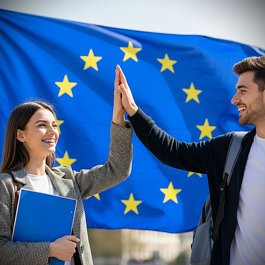 Dwoje uśmiechniętych studentów "przybija sobie piątki" na tle flagi EU.