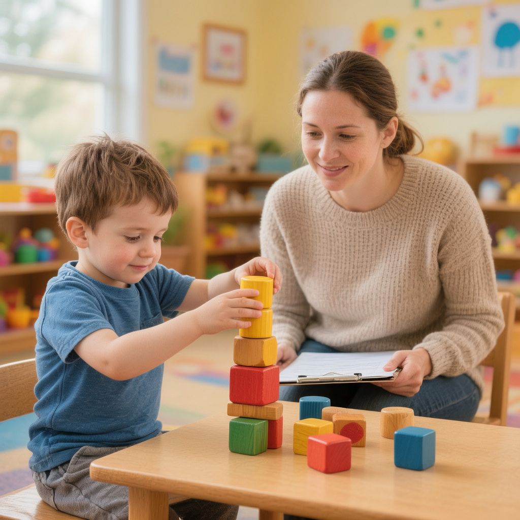 Przedszkolak układa wieżę z klocków. Przygląda mu się przedszkolanka z notatnikiem.