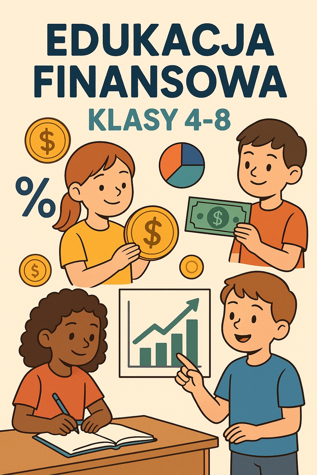 Plakat z napisem edukacja finansowa oraz czworo dzieci z symbolami oznaczającymi finanse.