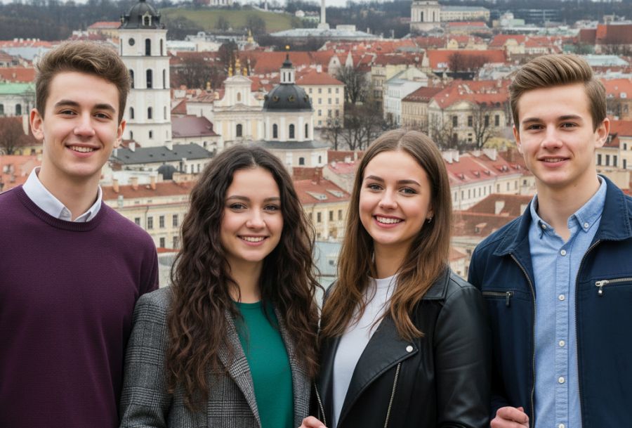 Młodzież na tle historycznej zabudowy miasta.