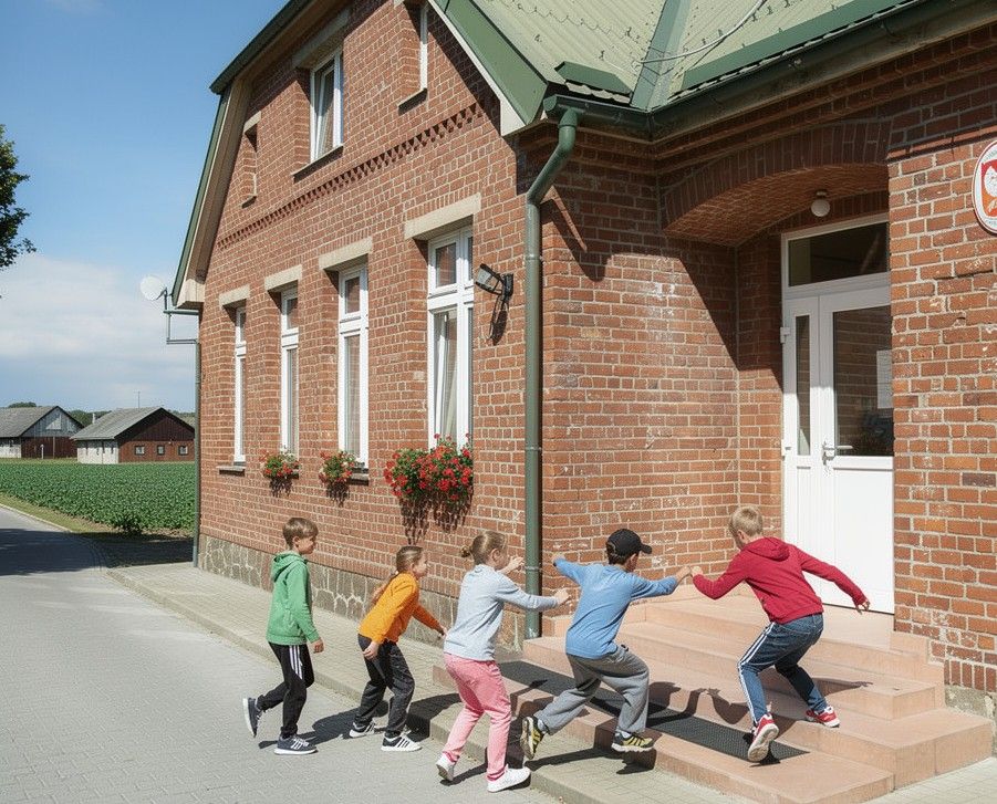 Dzieci biegają przed małą wiejską szkołą.