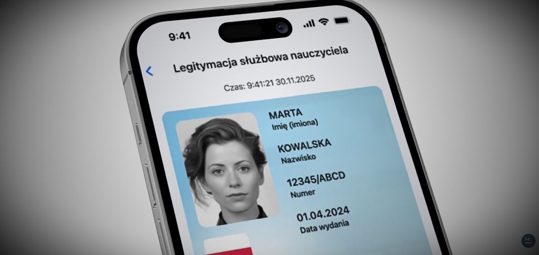 Legitymacja służbowa nauczyciela w aplikacji mObywatel na ekranie smartfona.