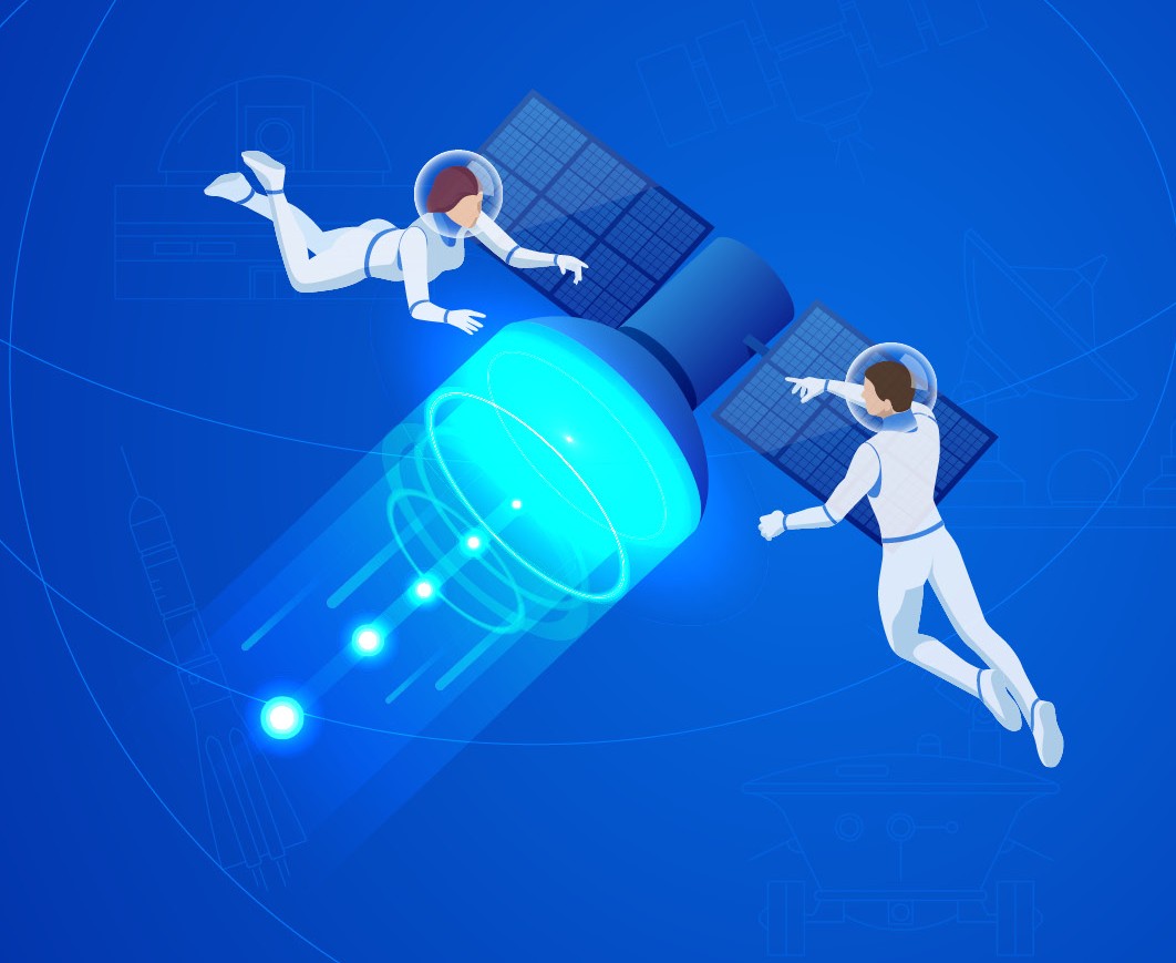 Astronauci na spacerze kosmicznym przy sztucznym satelicie - baner webinarium o sektorze kosmicznym. 