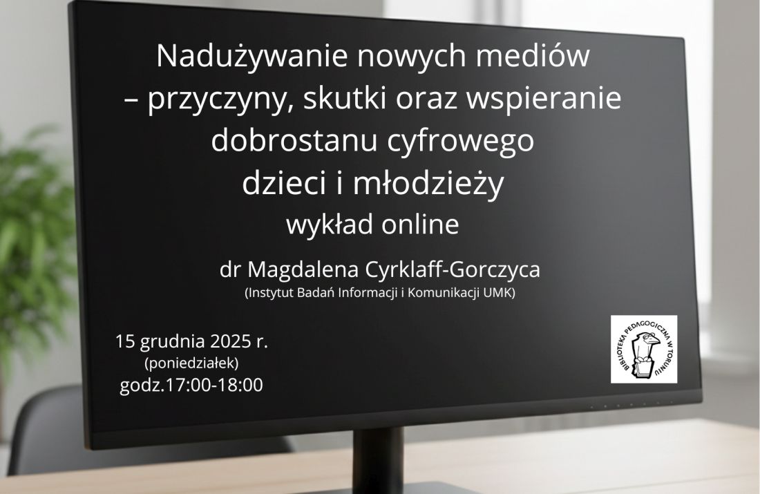 Monitor komputera z tytułem wykładu oraz datą i logotypem organizatora.