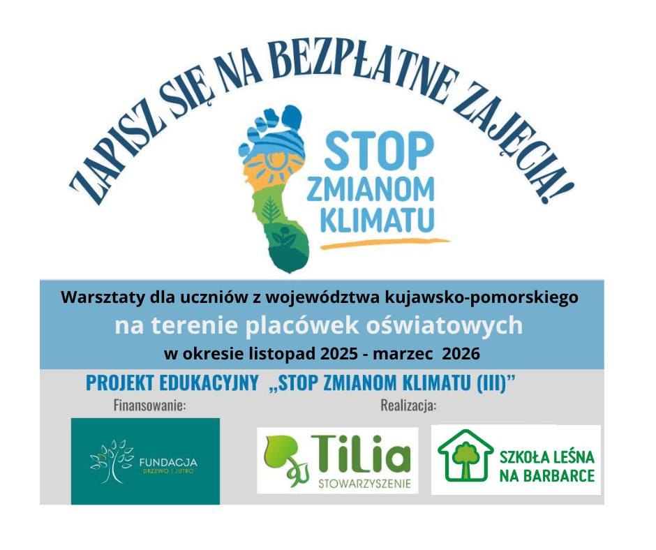 Plakat promujący warsztaty Stop zmianom klimatu z logotypami organizatorów.