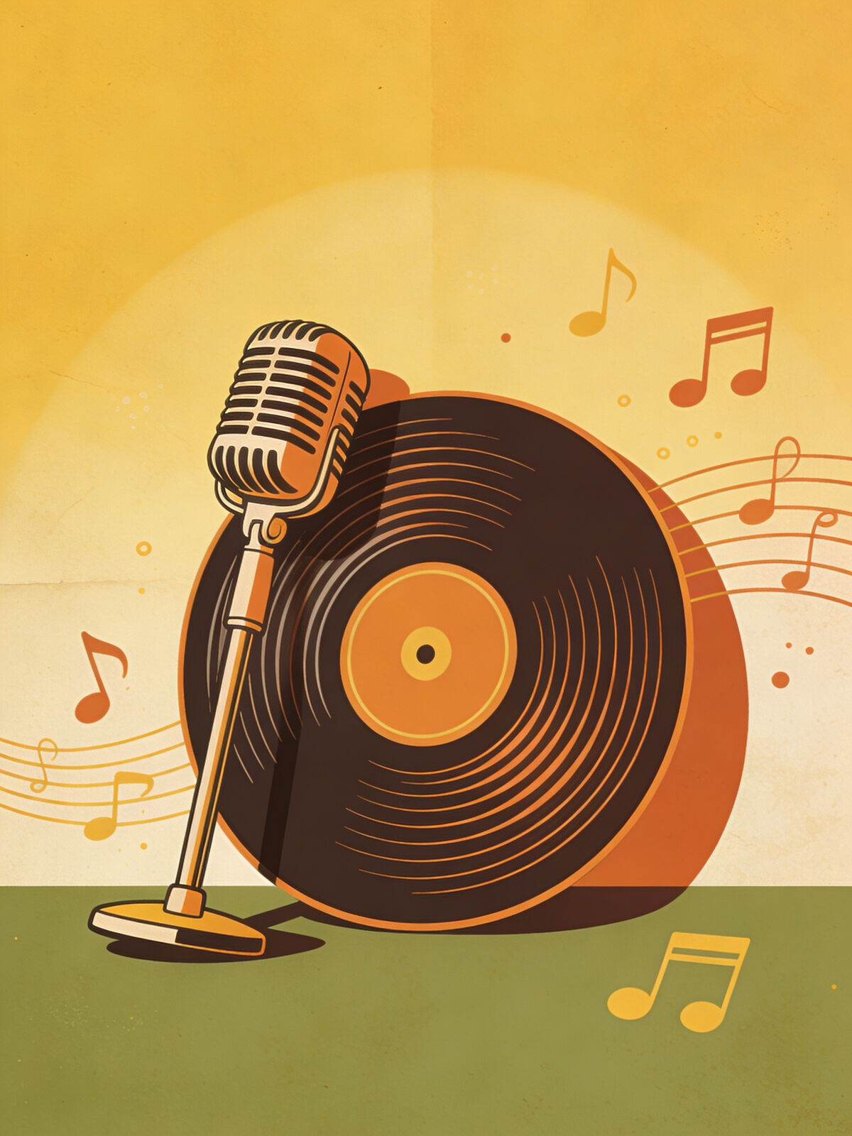 Mikrofon estradowy, płyta winylowa i pięciolinia z nutami.