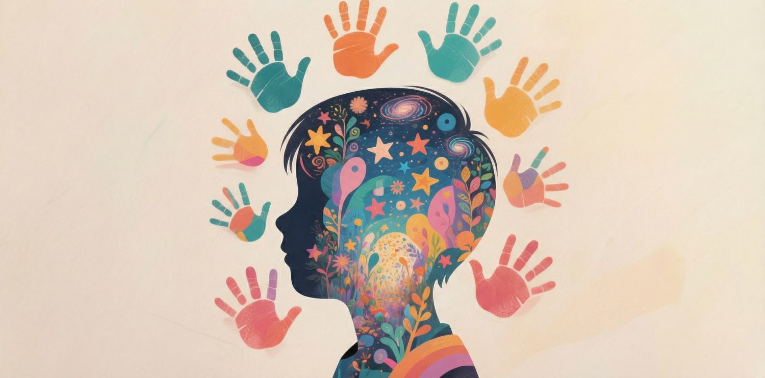 Profil głowy chłopca wypełniony kolorowymi wizjami, otoczony wieloma odciskami dłoni.