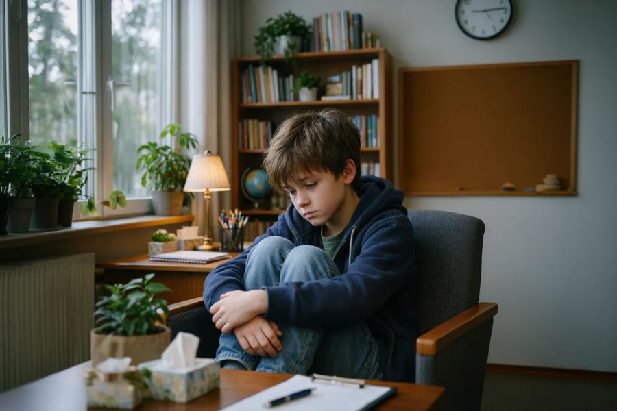 Smutny chłopiec z podkulonymi nogami w gabinecie szkolnego psychologa.