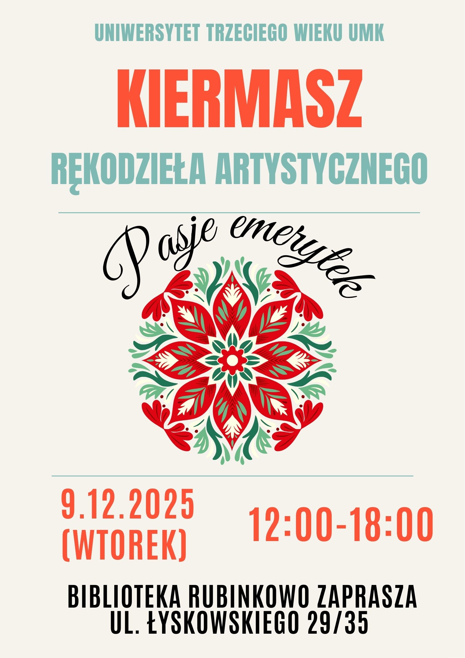 Plakat promujący wydarzenie z motywem bombki z wycinanki ludowej.