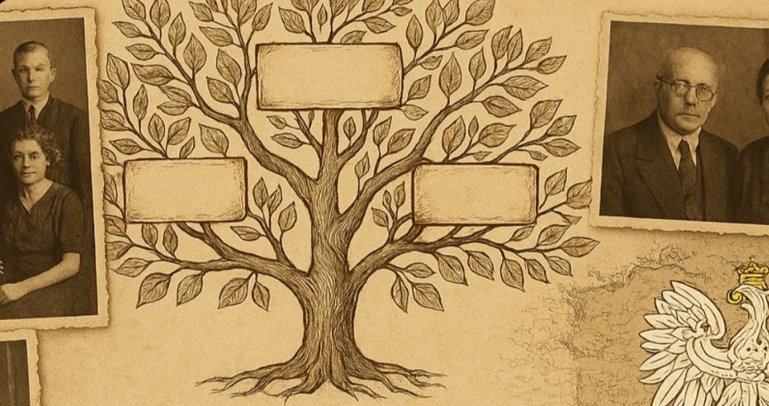 Drzewo genealogiczne i fragmenty starych fotografii. 