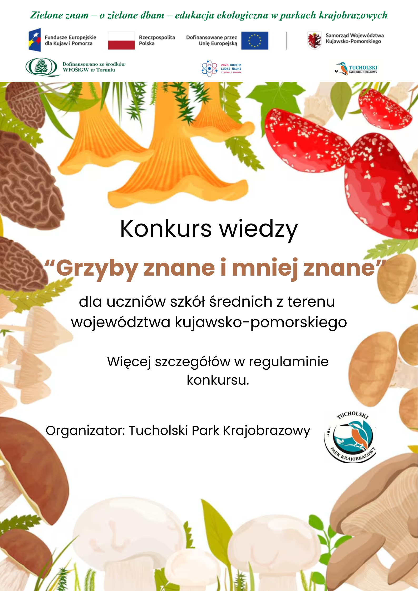Kolorowy plakat z podstawowymi informacjami o konkursie z motywem grzybów leśnych.
