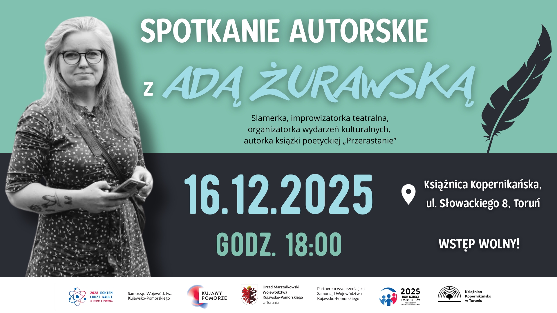 Plakat informujący o spotkaniu autorskim z Adą Żurawską.
