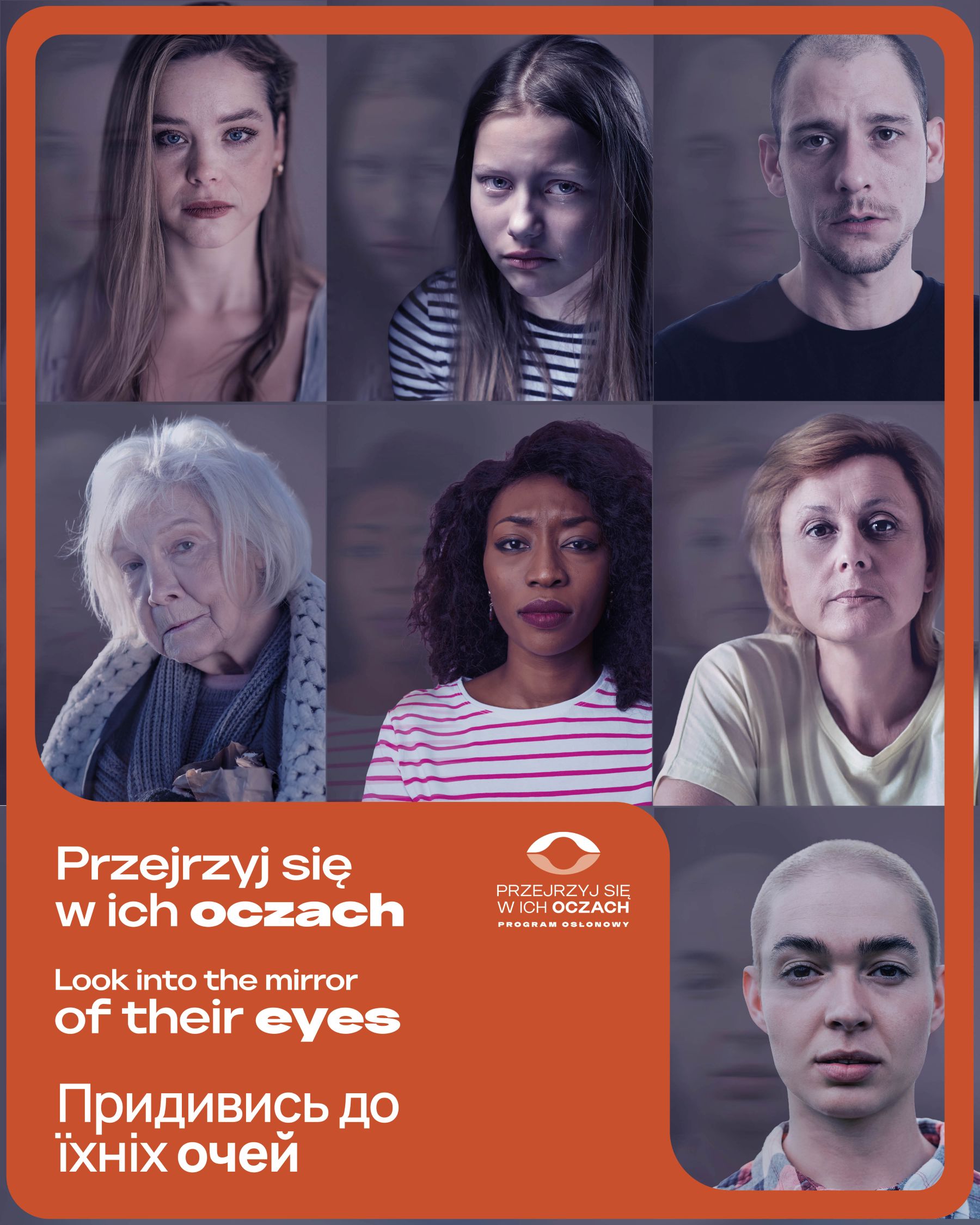  Plakat kampanii z twarzami 5 kobiet i mężczyzny, wyrażającymi różne emocje: strach, lęk, płaczących i inne.