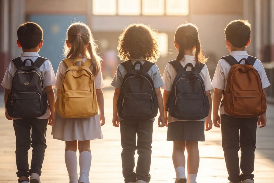 Widok z tyłu na piątkę dzieci z plecakami szkolnymi.