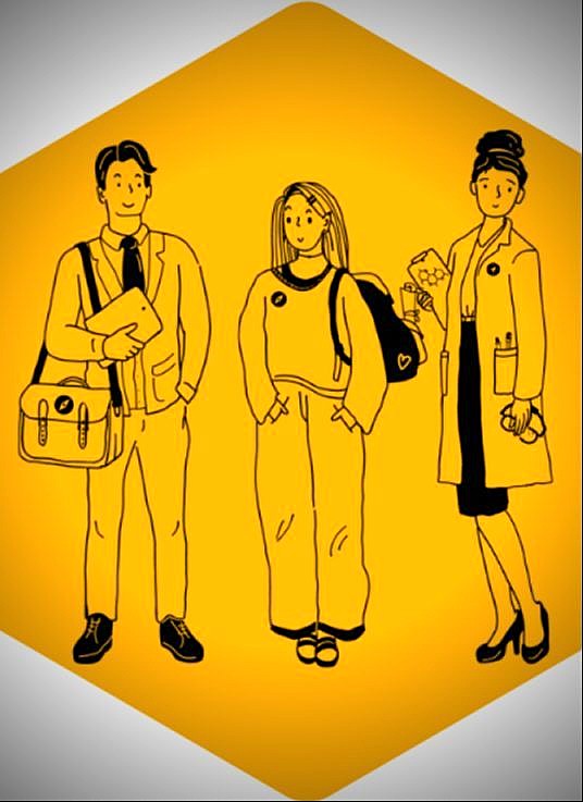 Grafika z motywem uśmiechniętych nauczycieli i uczennicy.