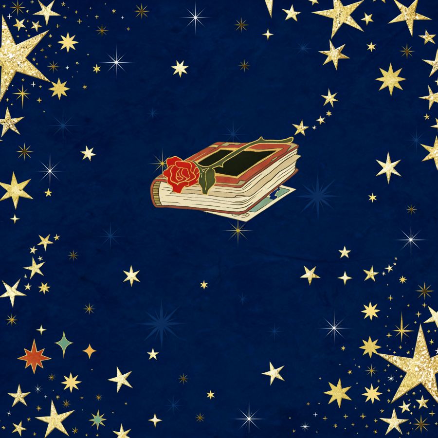 Książka z różą, a wokół gwiazdy.