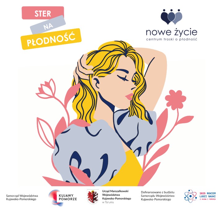 Grafika promująca akcję z grafiką młodej kobiety wśród kwiatów, zawiera logotypy organizatorów.