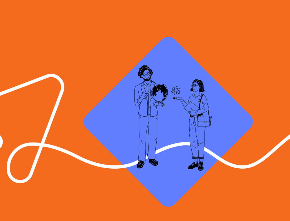 Nauczyciel z globusem i nauczycielka z modelem atomu.