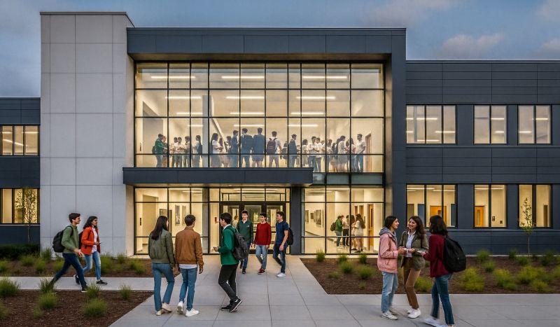 Uczniowie przed i w wewnątrz przeszklonej, nowoczesnej szkoły.