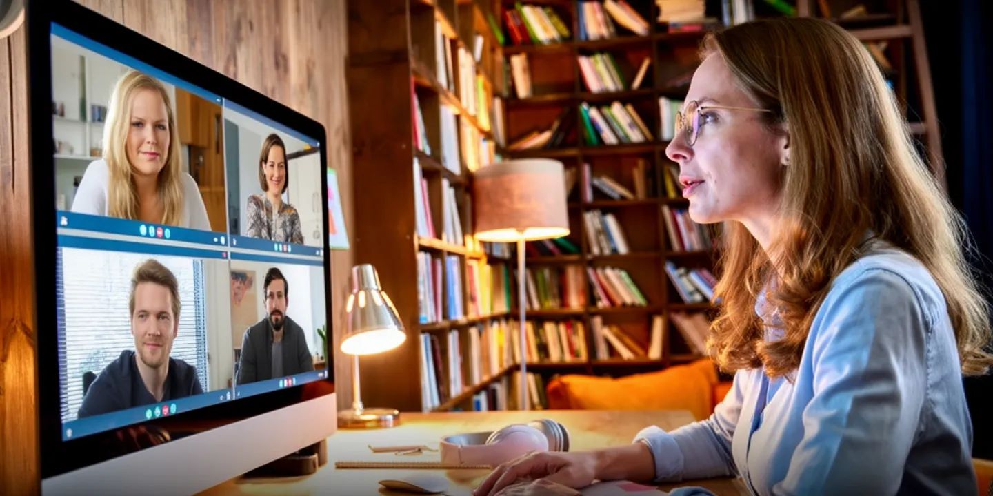 Kobieta przed ekranem podczas webinarium. W tle regały z książkami.