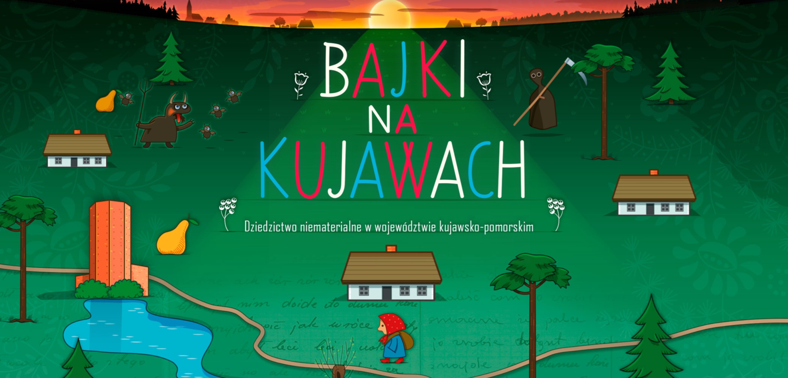 Bajki na Kujawach: krajobraz z domkami i wędrującą kobietą z workiem, diabłem, śmiercią z kosą, w tle zachodzące słońce.