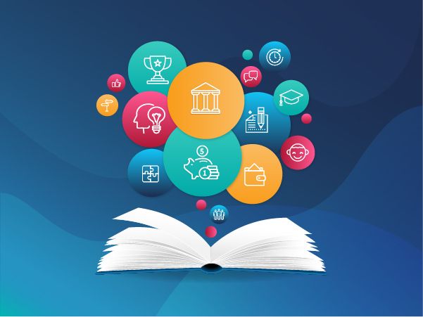 Nad otwartą książką znajdują się infografiki związane z finansami i edukacją.