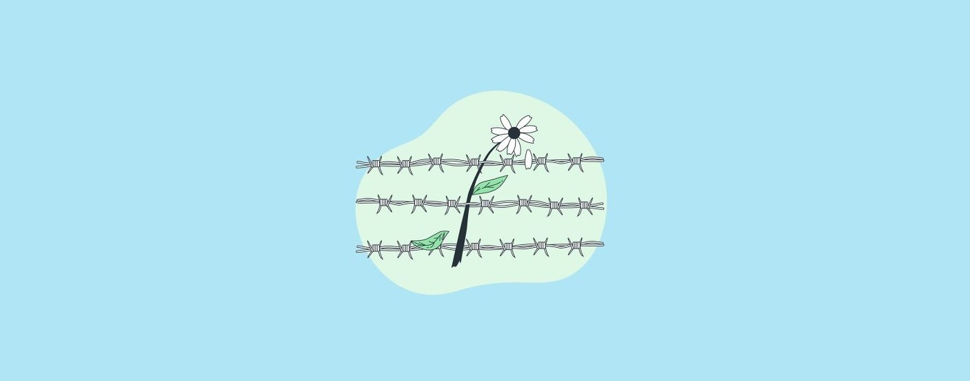 Kwiatek za kolczastym płotem.