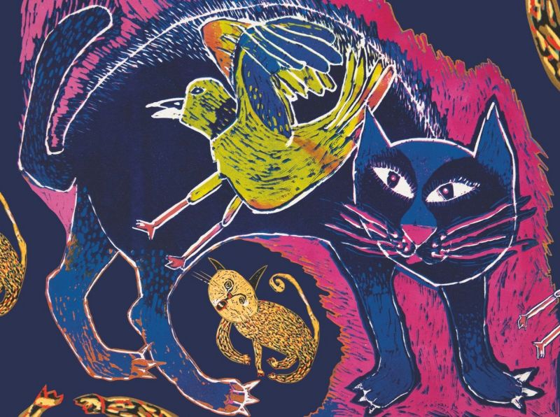 Fragment plakatu wydarzenia z motywem kota, ptaszka i tygrysa z konkursowych prac plastycznych.