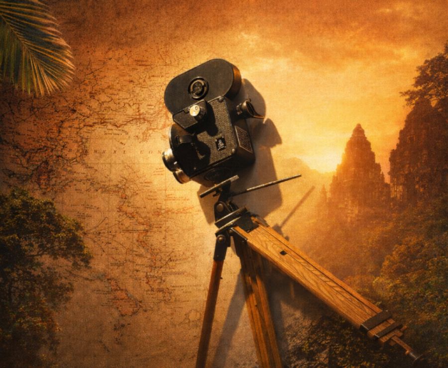 Plakat w kolorach sepii: stara kamera na tle mapy i egzotycznego pejzażu.