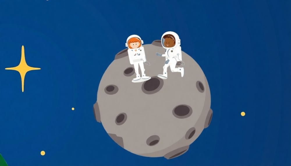 Dwie postaci dziecięce w strojach astronautów.