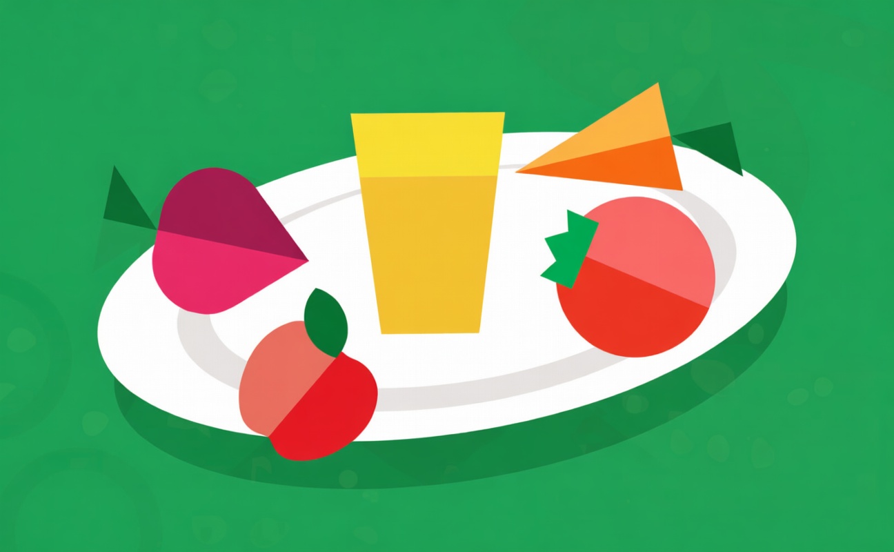 Talerz z owocami i warzywami oraz szklanka soku.