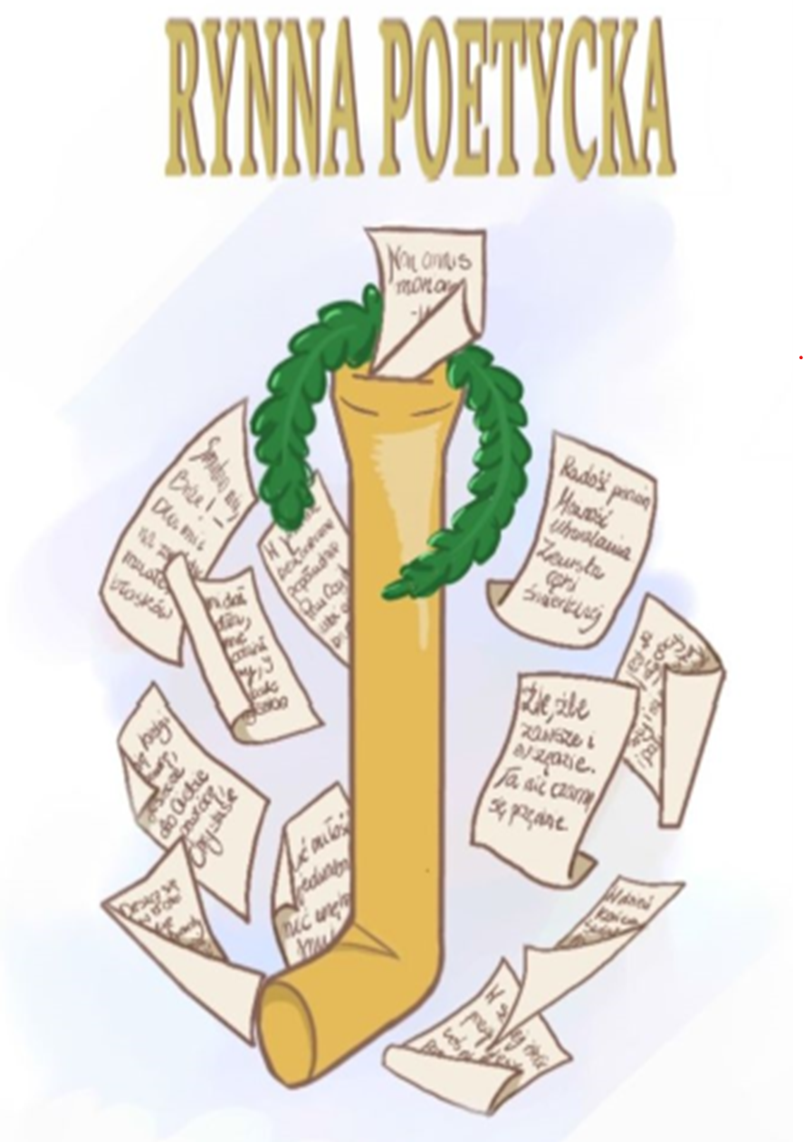  Logo konkursu z motywem złotej rynny w której są gałązki liści laurowych, wkoło zapisane arkusze papieru.