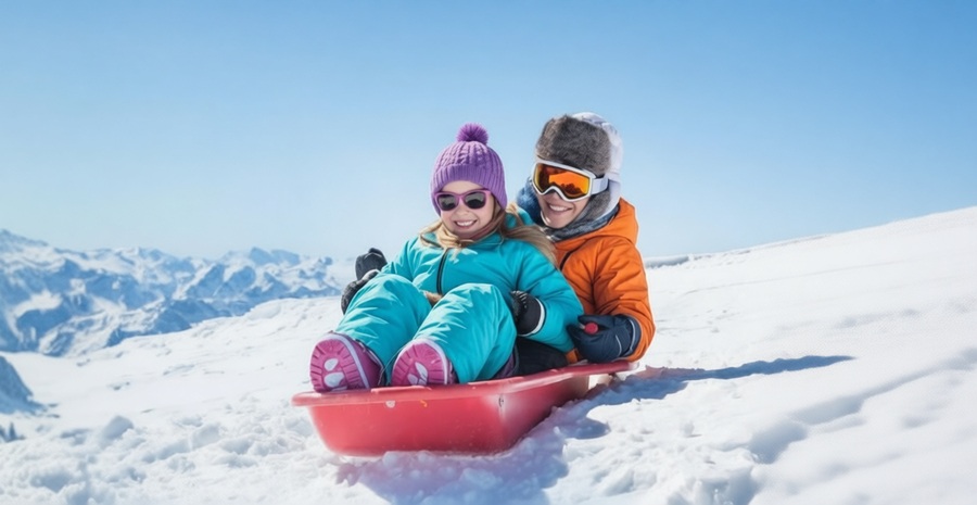 Dwoje dzieci zjeżdża z góry na sankach.