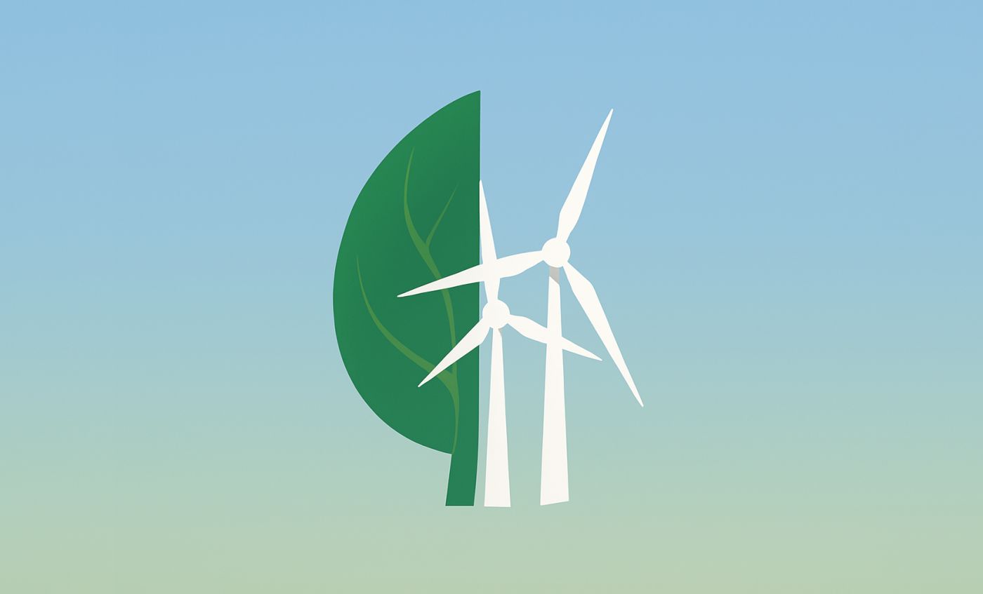 Plakat z motywem liścia i turbiny wiatrowej.